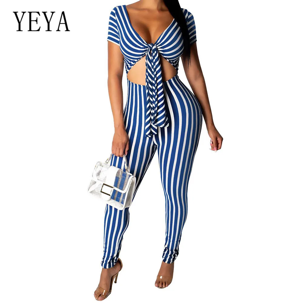 YEYA Women Jumpsuits Rompers Fashion Dynamic Striped Playsuits Sexy V Neck Short Sleeve Casual Bodycon Bandage Black Overalls YEYA Women Jumpsuits Rompers Fashion Dynamic Striped Playsuits Sexy V Neck Short Sleeve Casual Bodycon Bandage Black Overalls