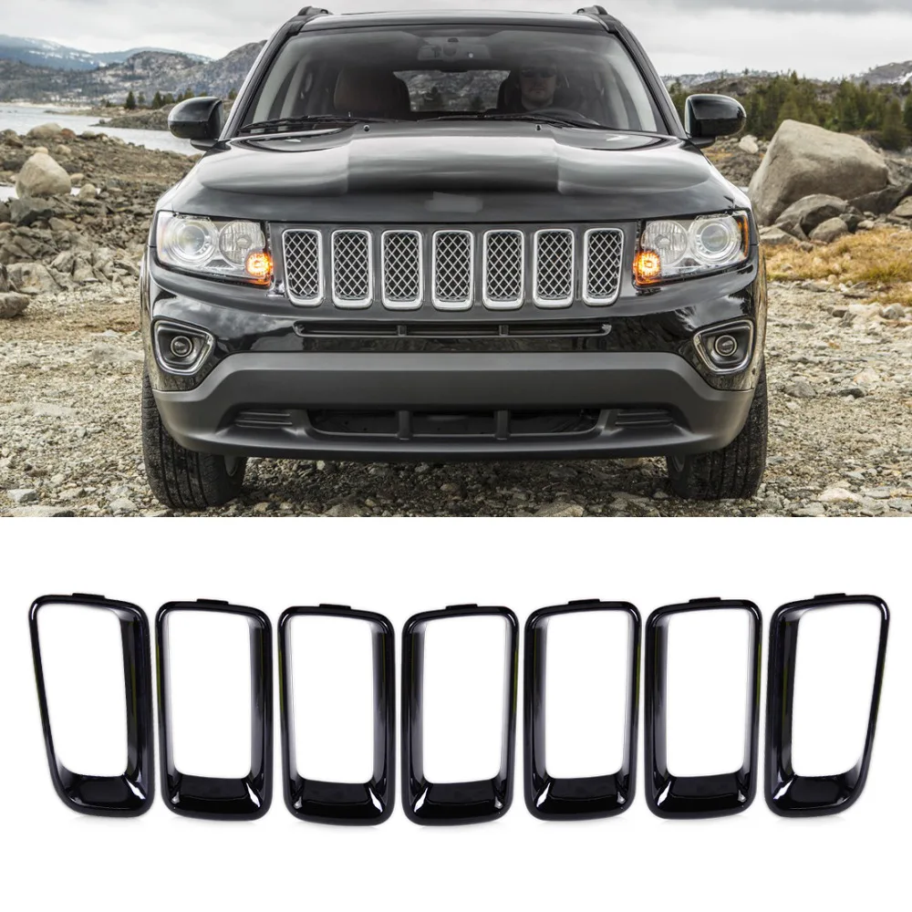 beler 7pcs Black Front Grille Vent Hole Cover Trim Insert Frame Billet Vertical for Jeep Compass 2011 2012 2013 2014 2015 2016
