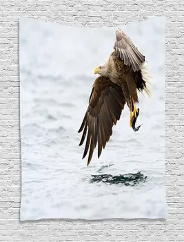 

Eagle Tapestry Bird with Feathers on Head and Tail Catching a Fish Hunting Animal Food Chain, Wall Hanging for Bedroom Living