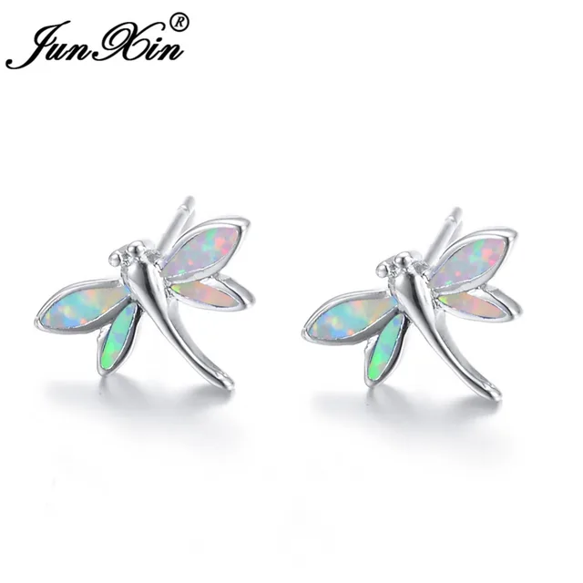 Junxin Beautiful Dragonfly Stud Earrings Charm White Fire Opal Junxin Beautiful Dragonfly Stud Earrings Charm White Fire Opal For Women Cute Animal Jewelry Valentine S