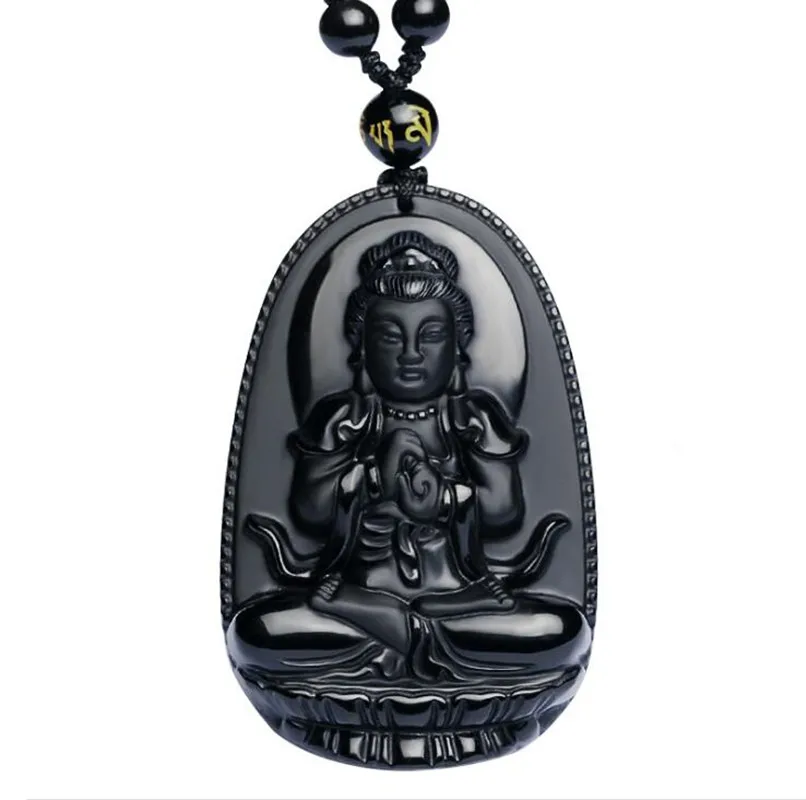 Natural Black Obsidian Pendant Hand Carved Chinese Buddha Lucky Amulet Guanyin Head Pendant Fashion Jewelry