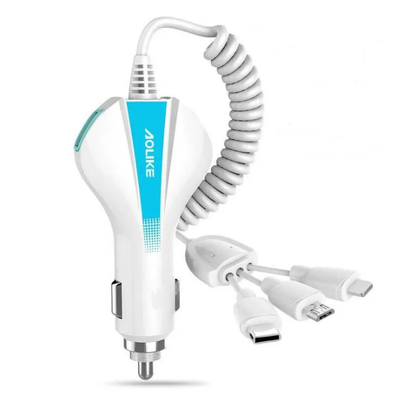 

New Quick Charge 3.0 USB Car Phone Charger With 3 Types Charging Cable For All Phones Samsung Xiaomi Huawei iPhone