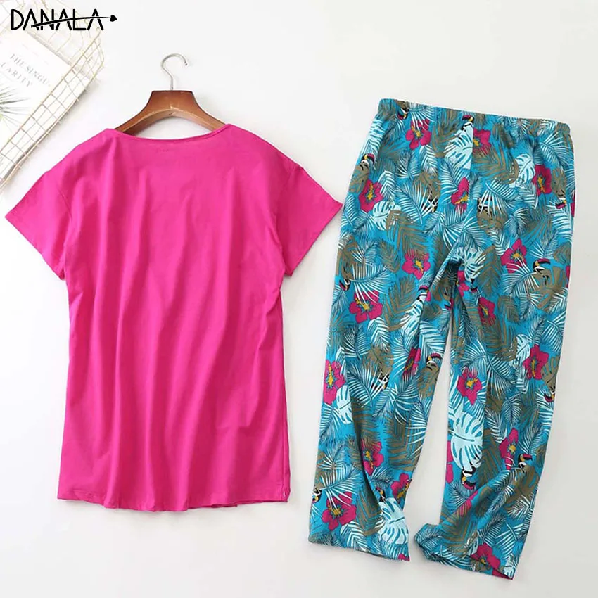 DANALA Cotton Casual Women Sleepwear Tops With Long Pants Floral Print Pyjamas Fashion Short Sleeve Striped Nightwear For Women