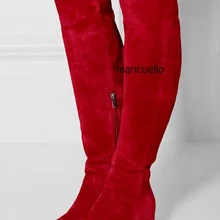 Модные красные замшевые высокие сапоги на квадратном каблуке; стильные женские сапоги до колена с круглым массивным каблуком; Новое поступление