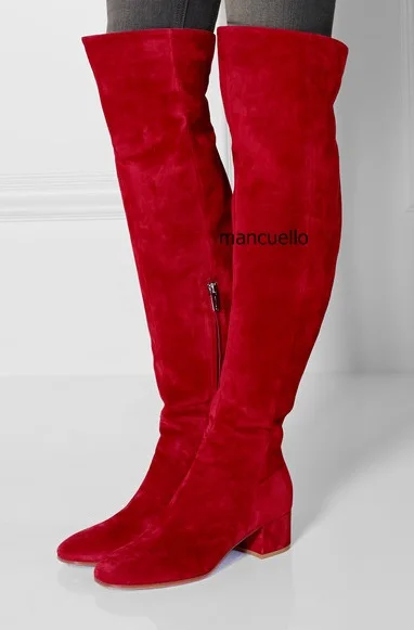 Fancy Red Suede Block Heel Long Boots Stylish Women Simply Design Round Chunky Heel Keen High Boots Celebrity New Arrival