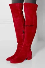 Red Suede Chunky Heel Boots