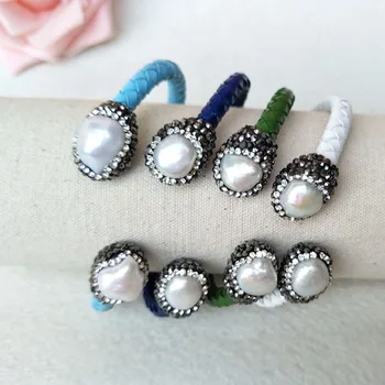 

4 Pieces Colorful Leather Bangle,Pave Crystal Rhinestone Natural Fresh Water Pearl Cuff Jewelry Bracelet BG169