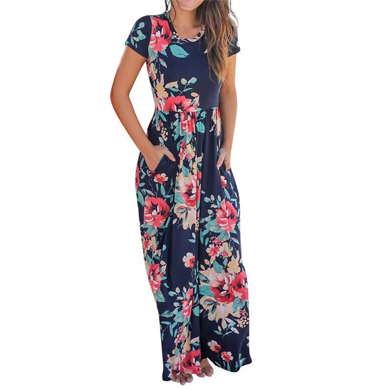 

Women Casual O Neck Print Floral Short Sleeve Ankle-Length Dress@GA