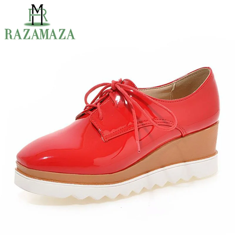 

ZALAVOR Patent Leather Women Pumps Lace Up Square Toe Wedges Shoes Solid Color Leisure Outdoor Women Footwear Size 33-43