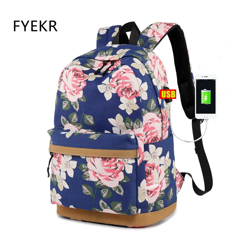 

Casual USB Charging Backpack School Bag Fashion Canvas Backpack Women Floral Printing Bagpack School Rucksack For Teenage girls