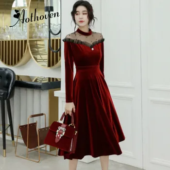 

2019 Autumn Women Long Sleeve Bandage O-neck Dress Mesh Patchwork Velvet A-Line Dress Elegant Vintage Party Club Dresses Vestido