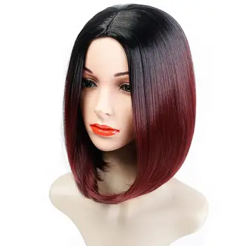 

DIFEI Short Red Ombre Bob Middle Part Wig Shoulder Length Heat Resistant Synthetic Party Cosplay Women's Hair Wigs Dark Roots