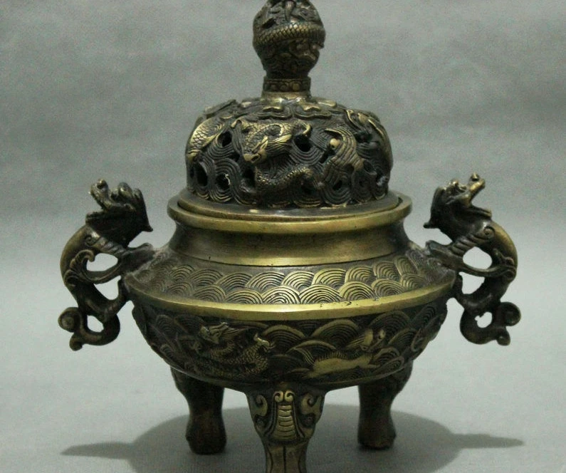 

7" China Buddhist Bronze Dynasty Place Dragon Beast Statue Incense Burner Censer
