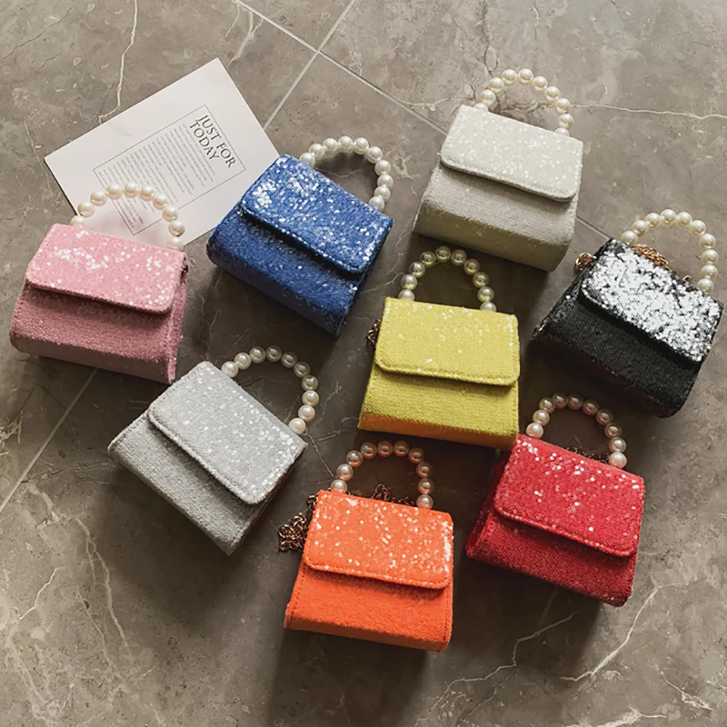 

Child Mini Totes Pearl Bags Baby Girl Small Totes Kids Sequins Handbags Sweet Princess Chain Jelly Bags Wedding Flower Girl Bags