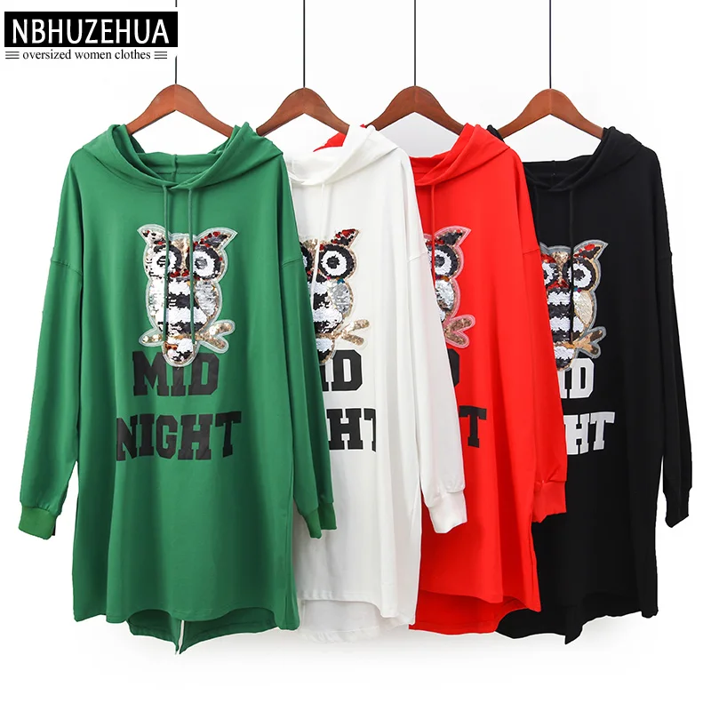 

NBHUZEHUA 7G945 Overized Women Hoodies Sweatshirt Long Sleeve Black Plus Size Hoodie Dress Sequin Owl Autumn Female Clothes 5XL