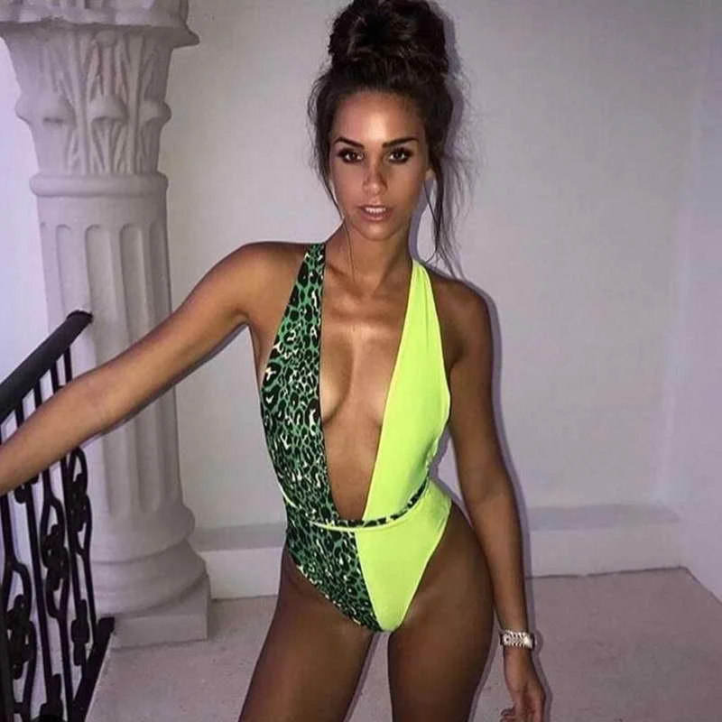 

2019 Fashion Brazilian Sexy Lady Bandage Micro Bikini Halter Push Up Leopard Print Green One Piece Swimsuit