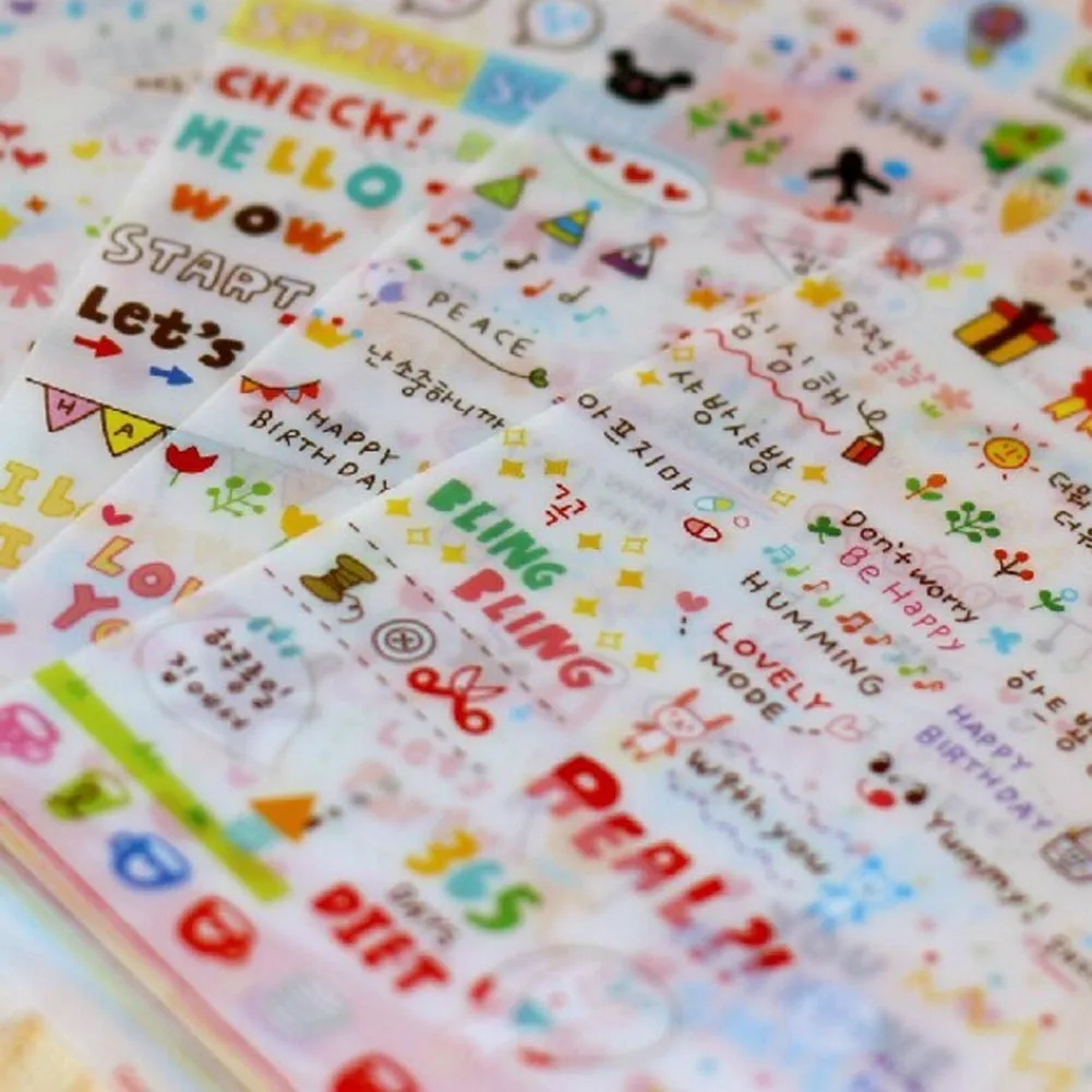 

6 Sheets/Pack Kawaii Cute Drawing Market Planner Paper Diary Deco Stickers Pvc Transparent Scrapbooking School Kids Stationery
