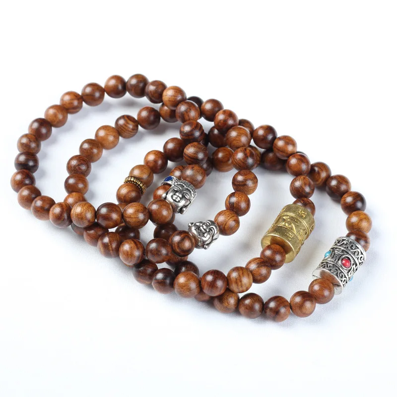 

Natural Yellow Rose Wood Beads Bracelets Women Men Tibetan Six Words OM Mantra With Buddha Head Yoga Meditation Beaded Bracelet