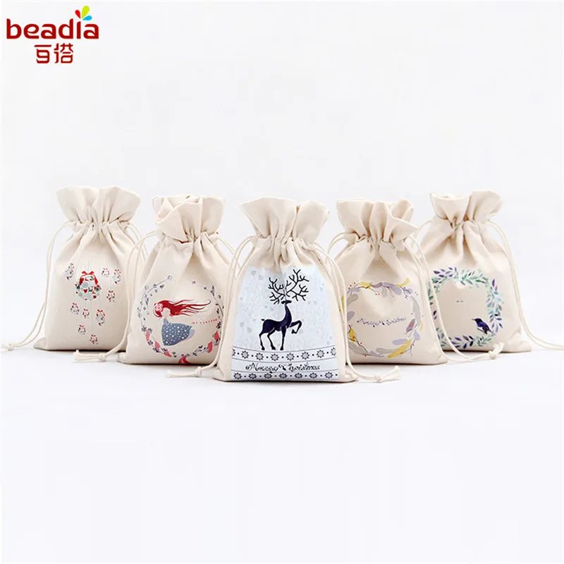

1pc Creative Multi Pattern Pouch Drawstring Canvas Bags Merry Chritmas Candy Gift Bags For Festive Party Event Wrapping Supplies