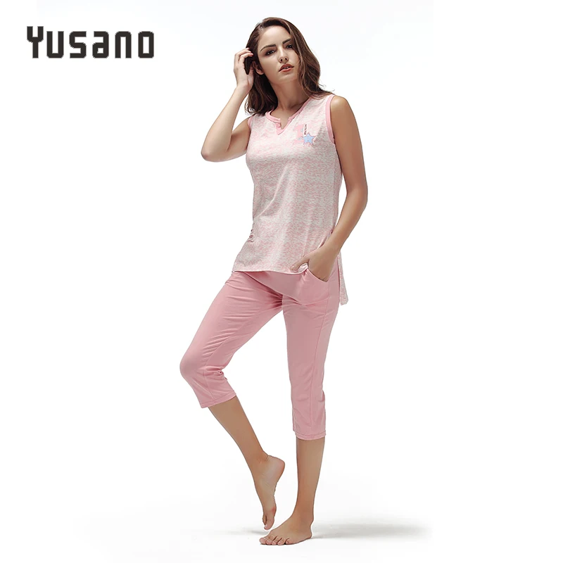 

Yusano 2017 Unicorn Pajamas Set Women Blue Pink V-neck Sleeveless Sleepwear Sexy Print Tops+Calf-length Pants Sleep Nightwear