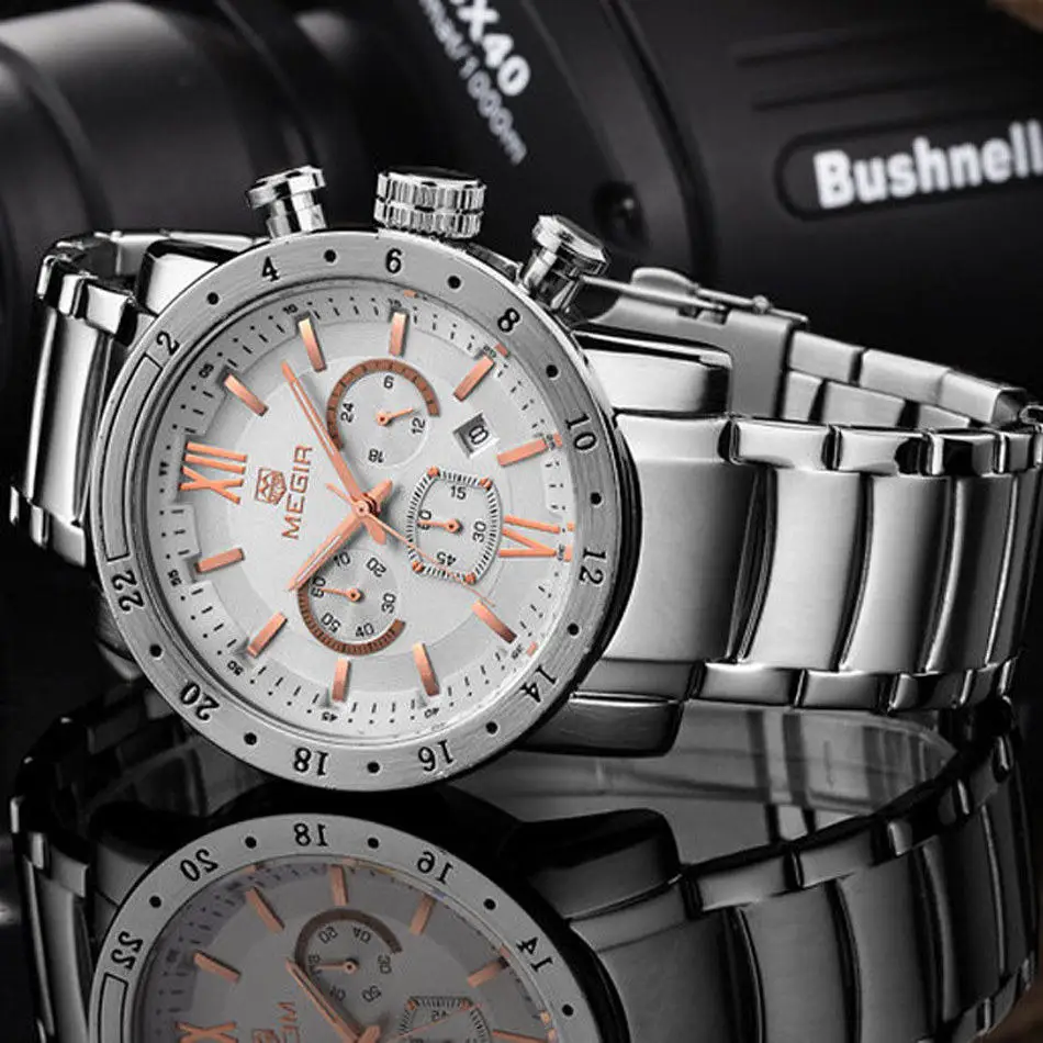 MEGIR Multiple Time Zone Mens Watches Top Brand Luxury Stainless Steel