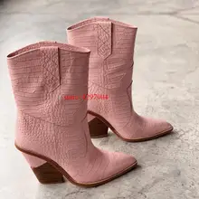 Fashion Cowboy Ankle Boots Women Shoes Pu Leather Wedge Chunky High Heel Boots Snake Print Western Cowgirl Boots Black PINK
