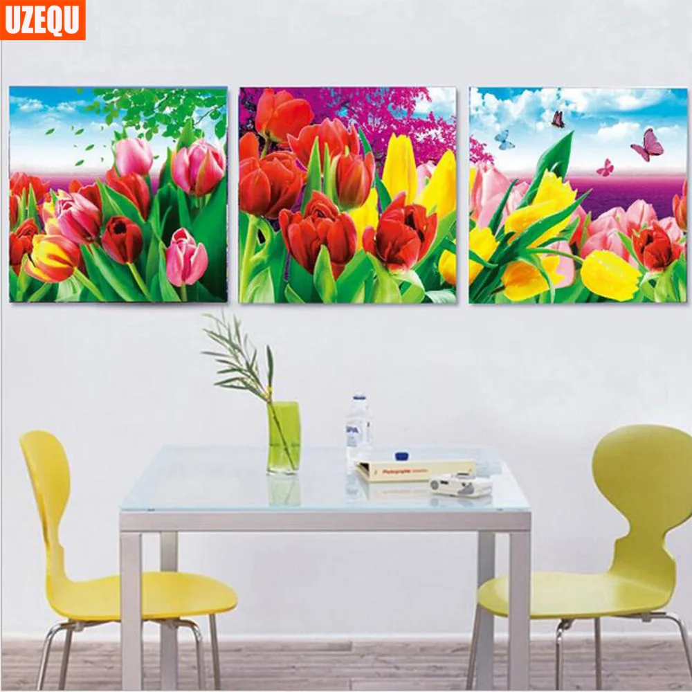 

UzeQu Triptych Full Diamond Embroidery Flower Tulips 5D DIY Diamond Painting Cross Stitch Diamond Mosaic Christmas Decoration
