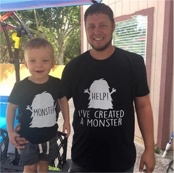 

Father and Son Daughter Matching Clothes Family HELP I'VE CRATED A MONSTER Funny Letter Printed T Shirts LOVE Daddys Girls Tees