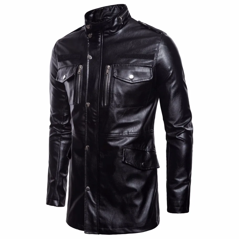 Men's Mid Long Leather Jacket Men Spring Autumn Motorcycle Biker Leather Jackets Coats Male Windbreaker Black Outwear dark brown leather jacket