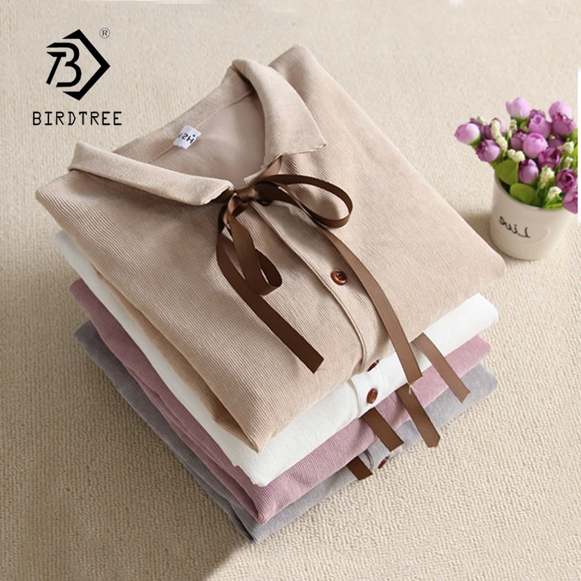 

2018 New Arrival Women Corduroy Blouses Button Up Loose Fashion Bow Lace Up Sweet Warm Camisa Blusa Feminina Plus Size T88801F