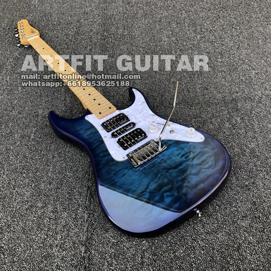 Lake Blue Quilted Maple Top Wilkinson Pickups Tremolo Bridge Coil Split M6 Locking Tuners 6 String Clean Sound Stratocaster Electric Guitar  (3)