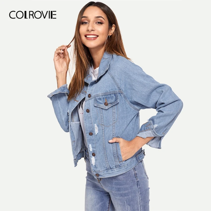 COLROVIE الأزرق واحد الصدر طوق جيب ممزق الجينز سترة الدنيم معطف المرأة 2019 الربيع أزياء السيدات جاكيتات ملابس خارجية