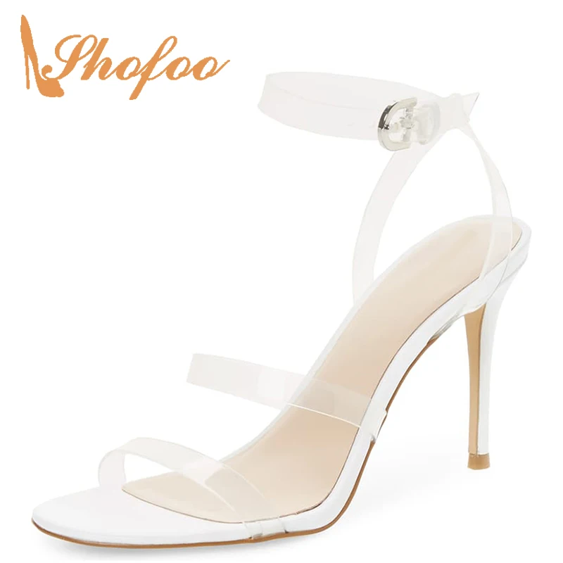

PVC Transparent Ankle Buckle Strap Stilettos Sandals Woman High Thin Heels Large Size 11 13 For Ladies Party Dress Shoes Mature