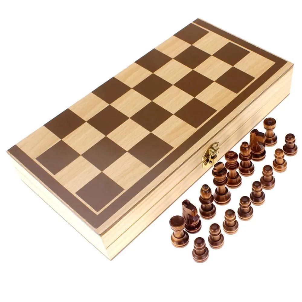 Vintage Wood Pieces Chess Set Folding Board Box Wood Hand Carved Gift Kid Toy