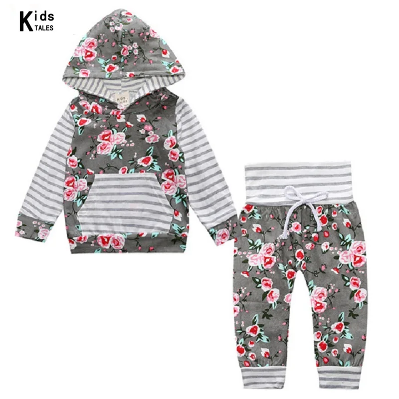 

2018 New fashion spring girls clothes set Adorable Newborn Girls Clothing gray Floral Hooded Tops Pants kids clothes set