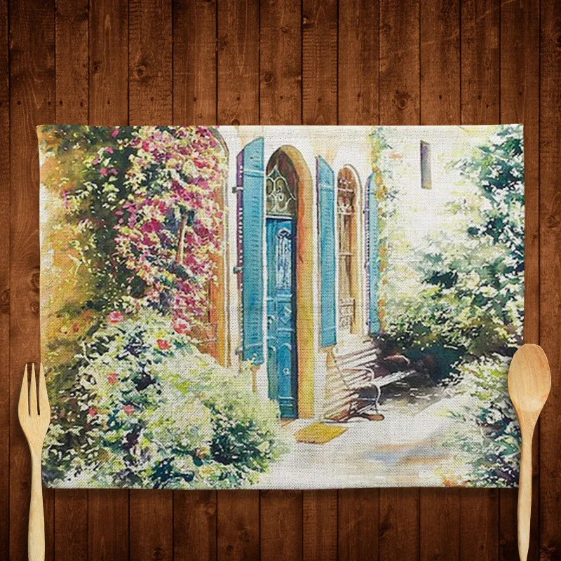 1Piece Castle Pattern Linen Table Mats Western Bowl Pad Non-slip Placemats For Dining Kitchen Accessories Table Coaster