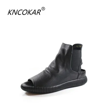 

KNCOKAR 2018 New style real leather Roman ladies fashionable sexy fish mouth flat flat soft two wear high - top cool boots