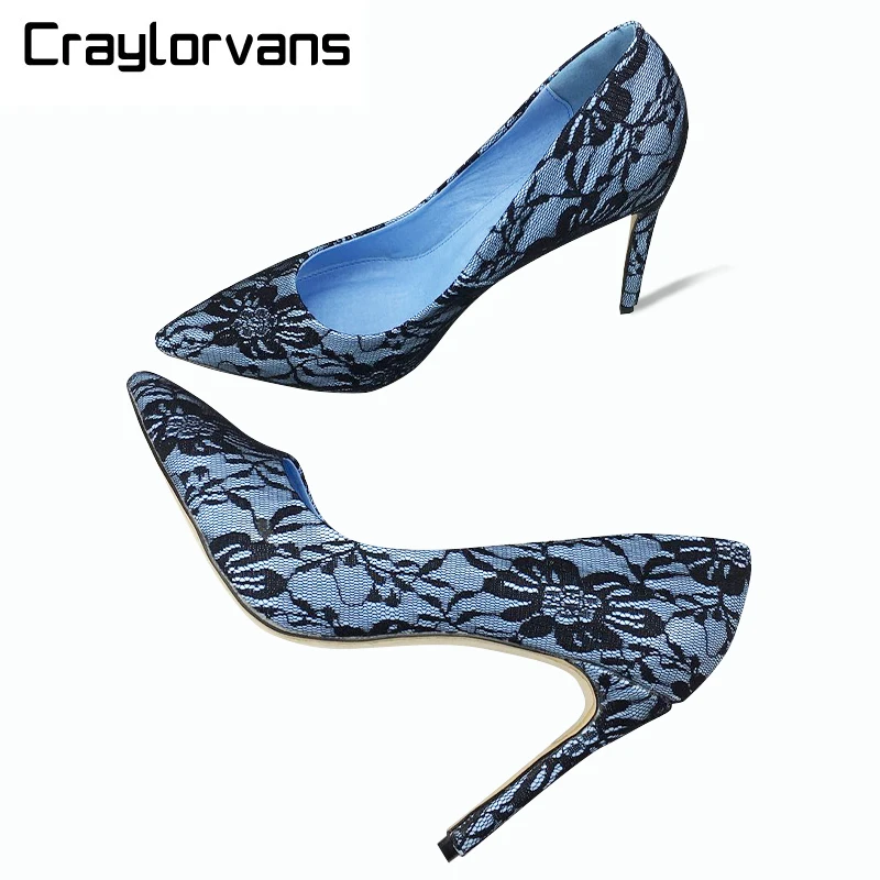 

Craylorvans Top Quality Women Pumps Lace High Heels 10cm Blue Party Women Shoes Pointed Toe Lady Wedding Shoes
