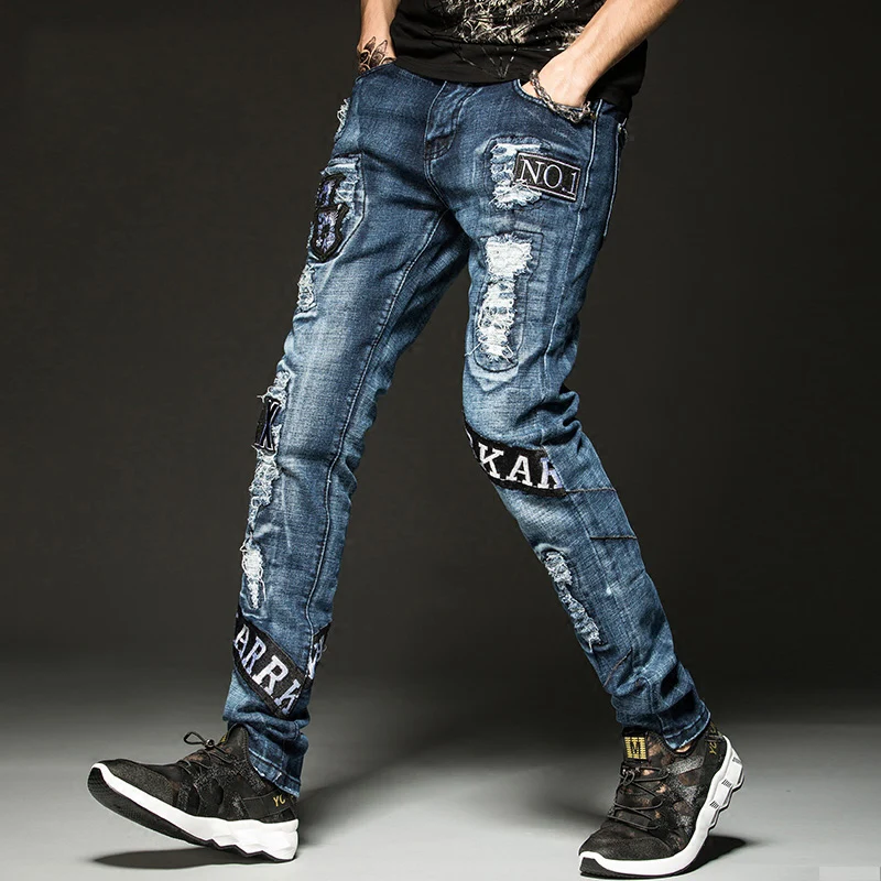Embroidery letter Patchword Jeans Men Ripped Jeans Fashion Brand Biker