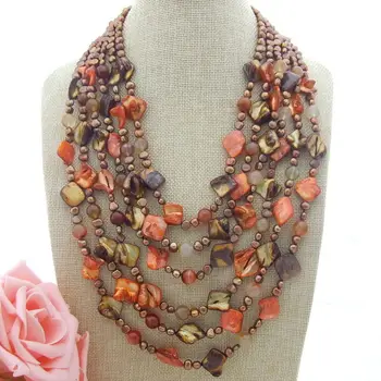 

N060704 6Strands Pearl Shell Carnelian Necklace