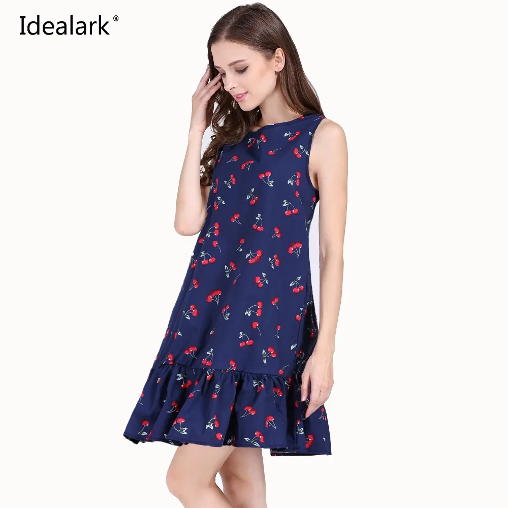 Idealark 100% хлопок элегантные женские Платья Туника Платье с вишневым принтом