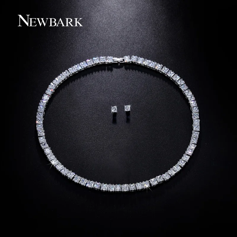 

NEWBARK Silver Color Square Crystal Zirconia Stud Earrings Necklace Set for Women Fashion Necklaces Jewelry Accessories Set