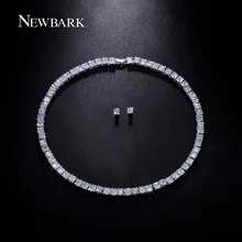 NEWBARK Silver Color Square Crystal Zirconia Stud Earrings Necklace Set for Women Fashion Necklaces Jewelry Accessories