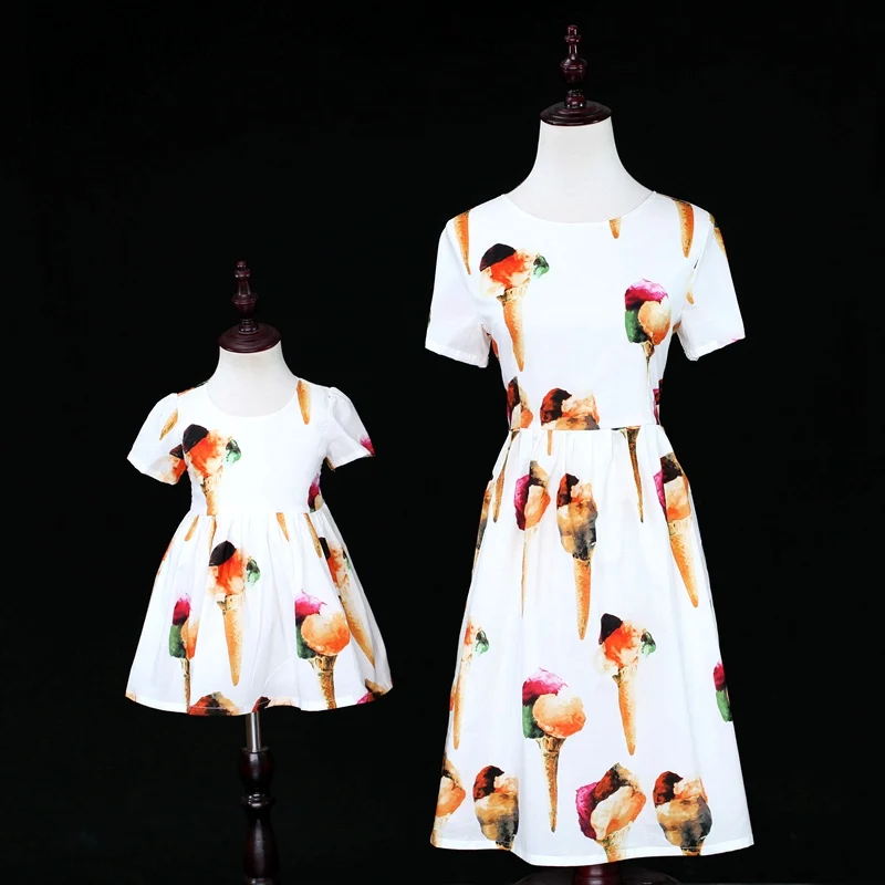 

2019 Summer mother and daughter clothes ice cream print dress big sister little sister matching dress clothes family clothing