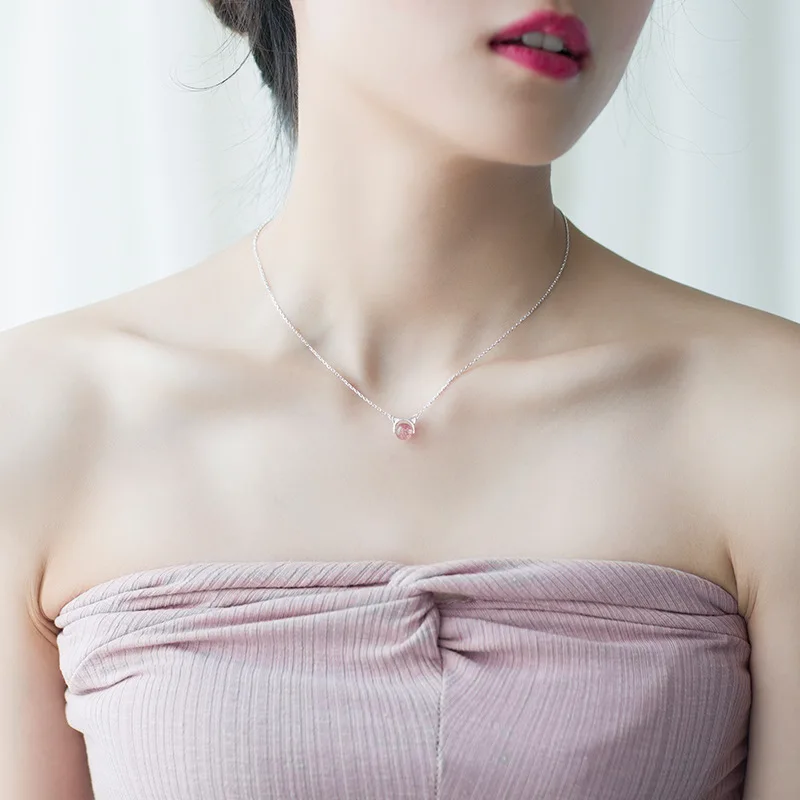 cute cat strawberry crystal necklace women 100% 925 Sterling silver nacklace Jewellery Clavicle chain pendant charms gift