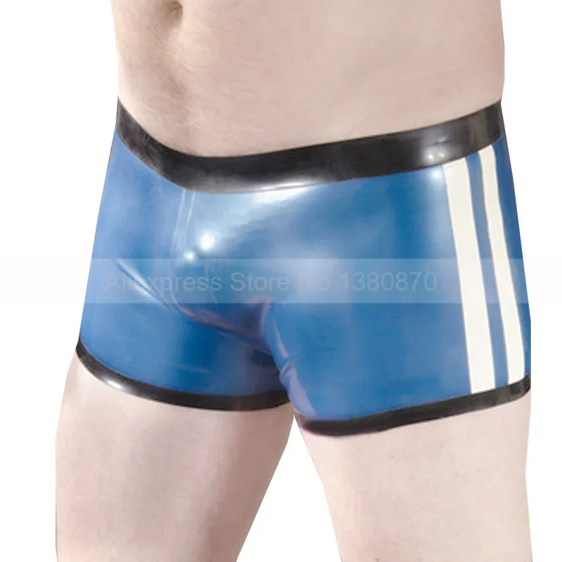 Мужские сексуальные латексные шорты небесно-голубые с белыми полосками