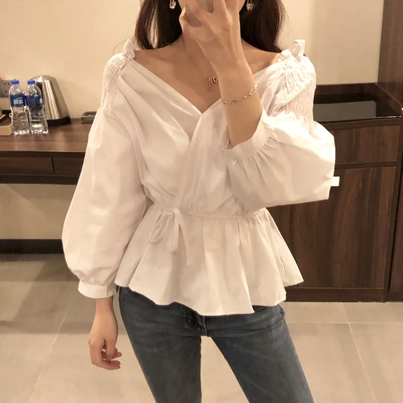 

Casual Autumn Blouse Women Bandage Shits Femme Loose V-neck Puff Sleeve Solid Color Waist White Shirt Women New Plus Size Blouse