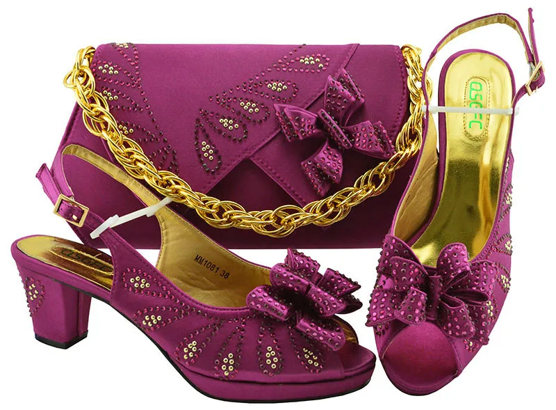 

Magenta shoes and bag matching set with big butterfly know and size 38 to 43 low heel 2.5 inches sandal shoes and bag SB8286-7