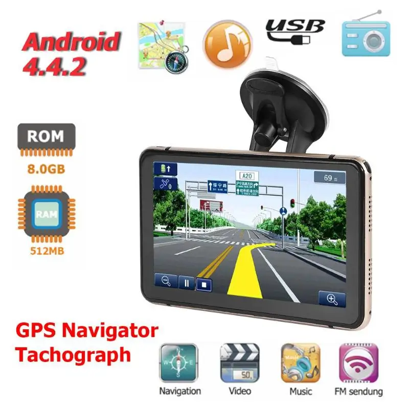 Android 4,4 satelital coche DVR 7 pulgadas GPS navegación pantalla táctil 800*480 píxeles micrófono incorporado Bluetooth WiFi AV-IN grabadora