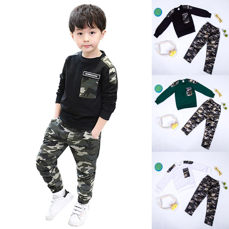 

Spring Autumn Baby Boy Cotton Camouflage Pattern Long Sleeve Casual T-shirt Tops Trousers Outfits Set Sport Suits new